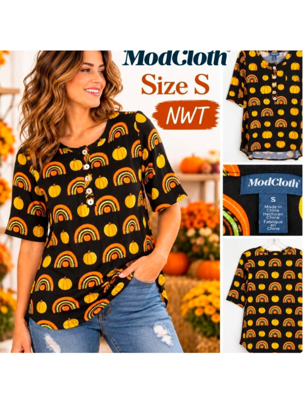ModCloth Pumpkin Rainbow Top Size S Black Fall Halloween NWT